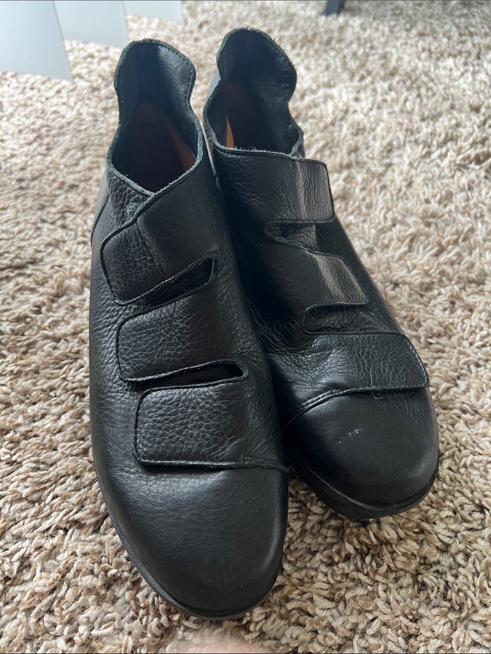 Women's Black Leather Heeled Boots with Velcro Straps